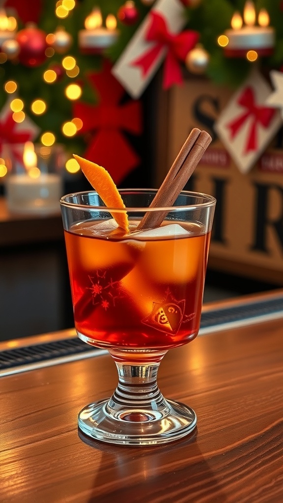 Festive Old Fashioned Christmas Cocktail An Old Fashioned cocktail with orange twist and cinnamon stick, set on a festive bar top.